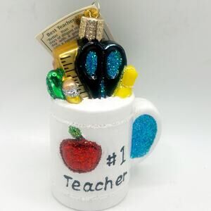 Old World Christmas Best Teacher Mug Hand Blown Glass Christmas Ornament w Tags